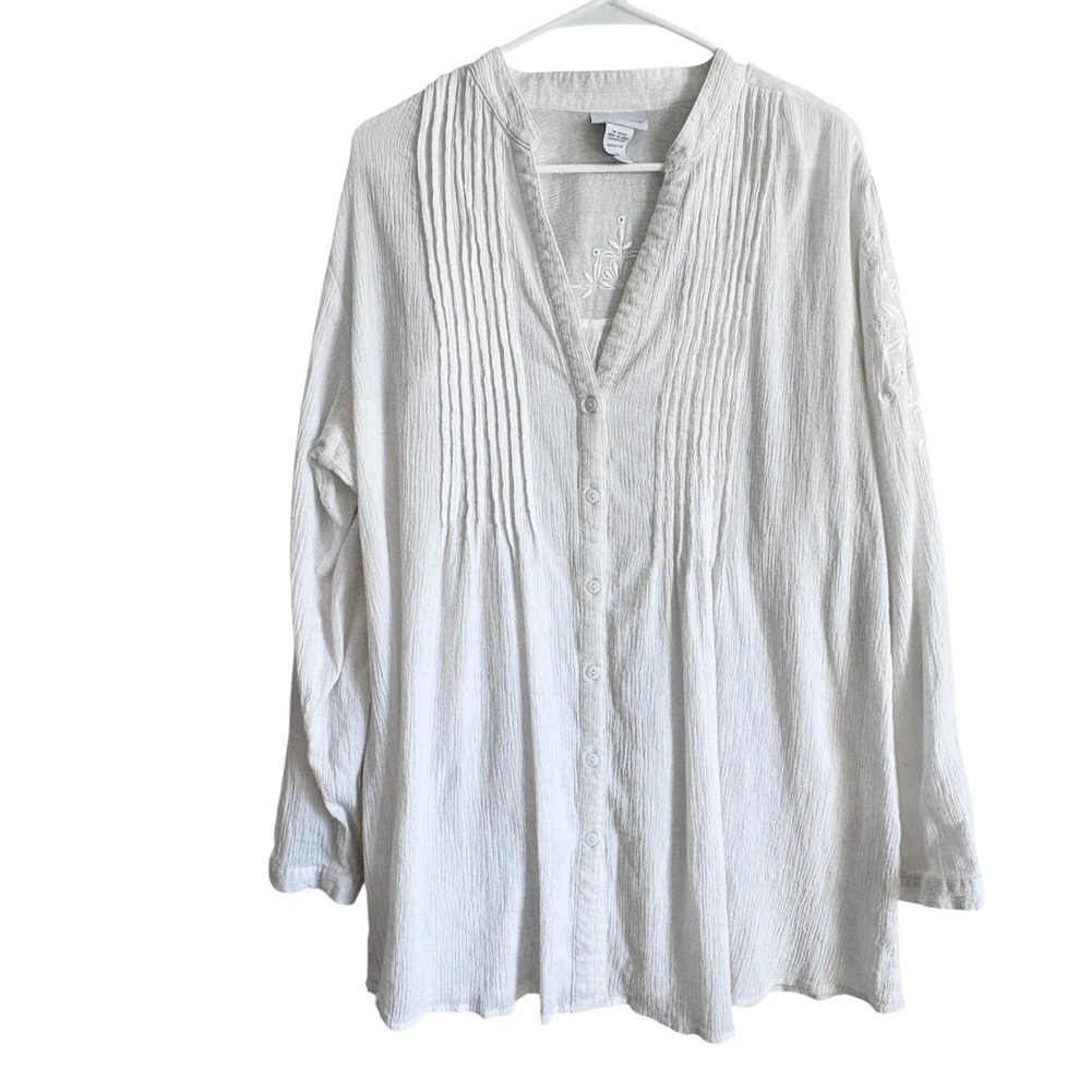 Soft Surroundings White Cotton Crinkle Gauze Tunic Top 1X Pintuck Embroidered